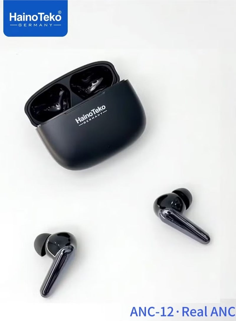 Haino Teko ANC-12 Real ANC Bluetooth Earphones with Active Noise Cancellation, High Bass Sound Quality, Super Clear Microphone, Easy Touch Controls – Compatible with Android Mobiles and Tablets – Black - Image 3