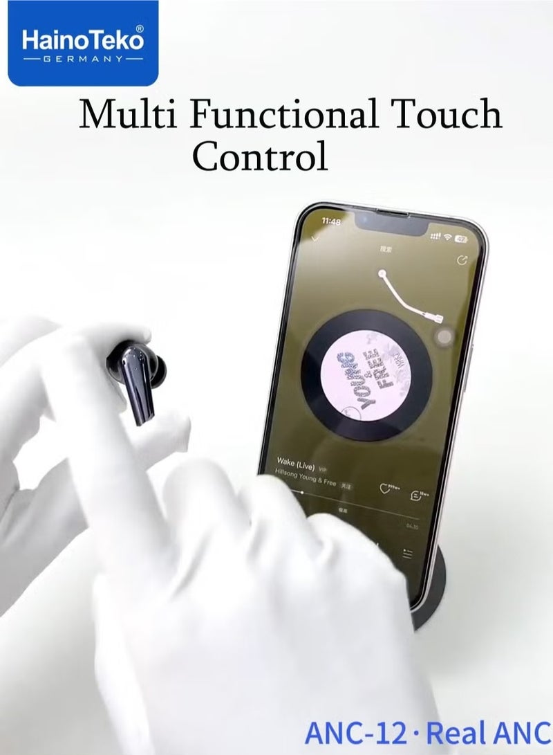 Haino Teko ANC-12 Real ANC Bluetooth Earphones with Active Noise Cancellation, High Bass Sound Quality, Super Clear Microphone, Easy Touch Controls – Compatible with Android Mobiles and Tablets – Black - Image 5