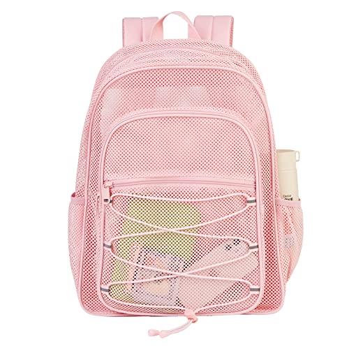 COVAX Heavy Duty Mesh Backpack, Semi-transparent Mesh Bookbag,See Through College Backpack with Bungee and Comfort Padded Straps for Commuting, Swimming, Beach, Outdoor Sports (Pink) - Image 1