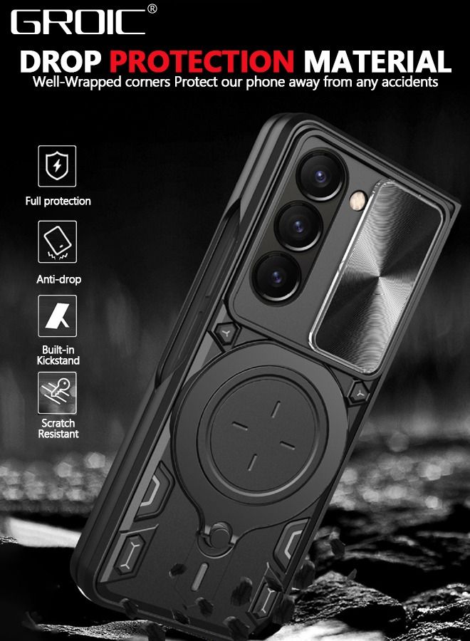 GROIC Compatible with Samsung Galaxy Z Fold 5 Black Case, Heavy Duty Protective Screen Cover 360°Ring Magnetic Kickstand, Slide Camera Lens Armor Case for  - Image 3