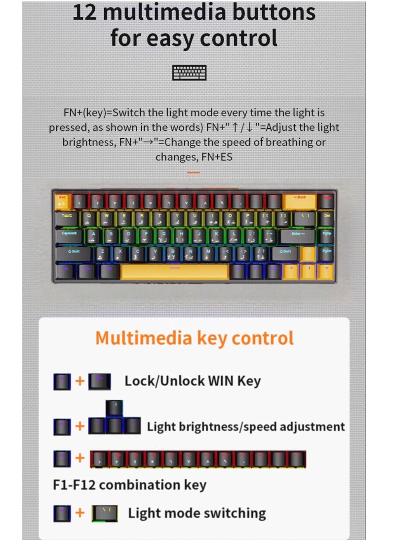 العربية - الإنجليزية المحمولة السلكية 68 مفاتيح RGB 60 ٪ الميكانيكية لعبة لوحة المفاتيح ، مع انفصال كابل نوع جيم ، الأسود والأصفر - pzsku/Z2D4AC63B6E8D7A25341AZ/45/_/1725701429/bec3ee31-4976-4b50-af2f-949f19ce98a2