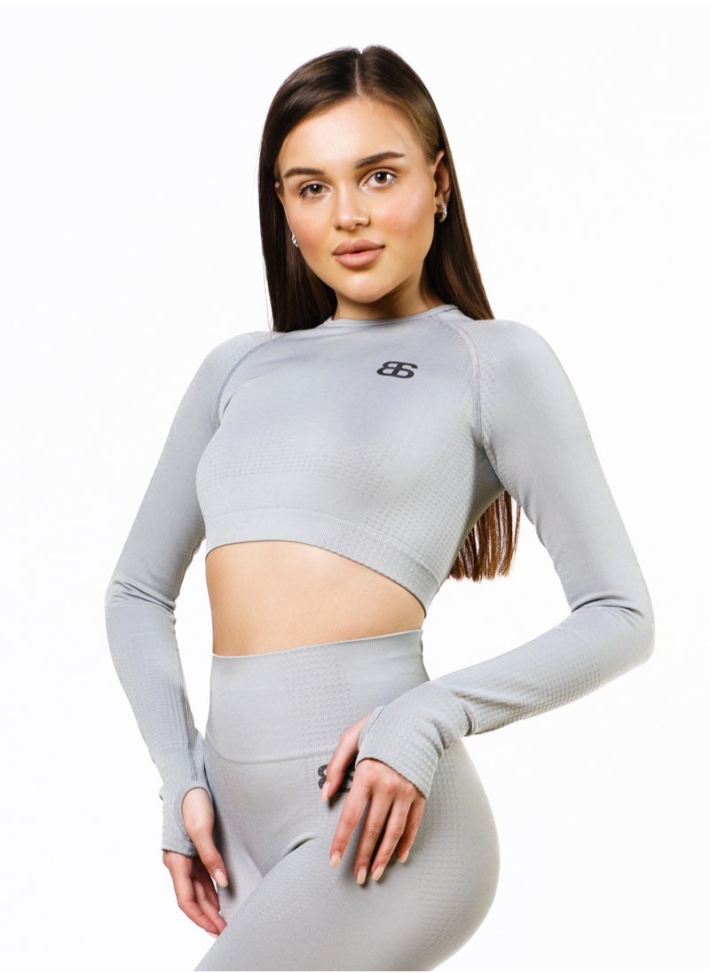 Bernessi Nylon Long Sleeve Crop Top with Round Neck Women's Cropped T Shirt for Workout Yoga Running Exercise Ash Grey Color  - Image 1