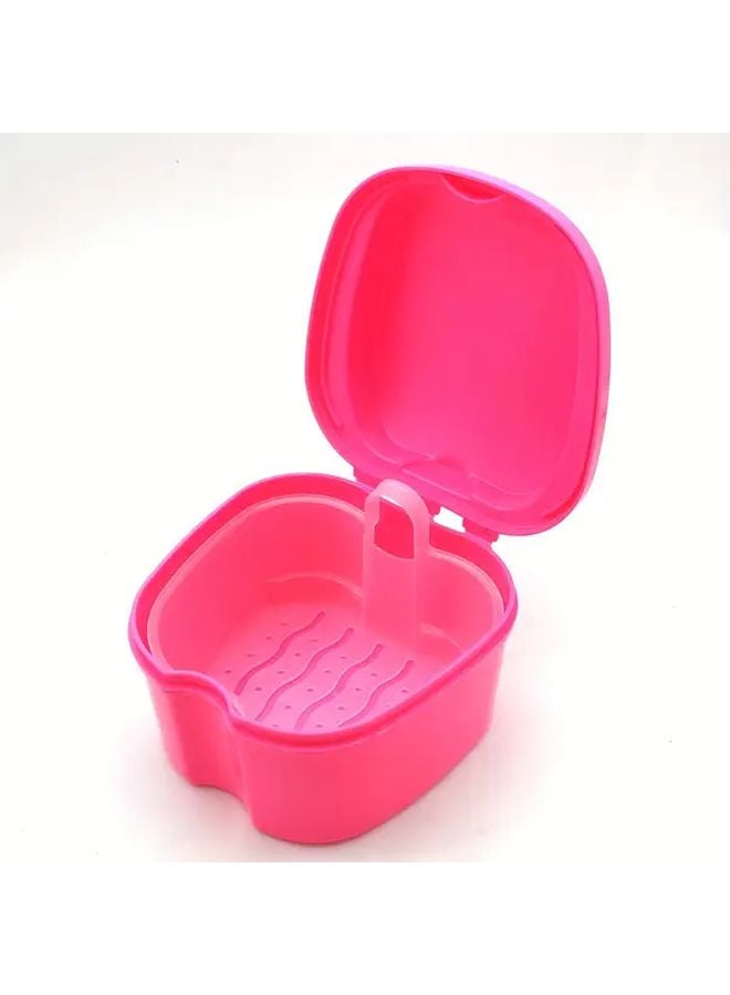 Pink Denture Braces Bath Case Cup Holder Cleaner False Teeth Storage Soak Container With Strainer Basket - Image 1