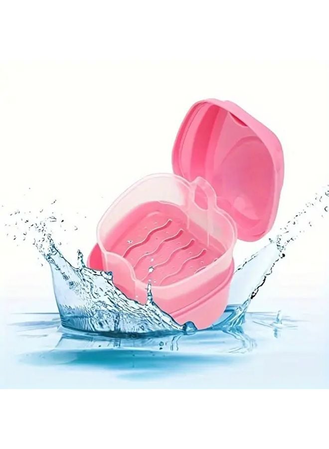Pink Denture Braces Bath Case Cup Holder Cleaner False Teeth Storage Soak Container With Strainer Basket - Image 2