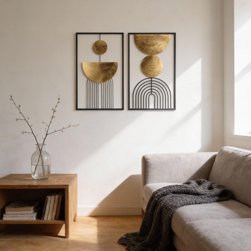 Oakrain Abstract Geometric Wall Decor Set, Gold and Black Metal Wall Art with Circular and Linear Designs, 2 Piece Framed Modern Wall Sculpture - Image 5