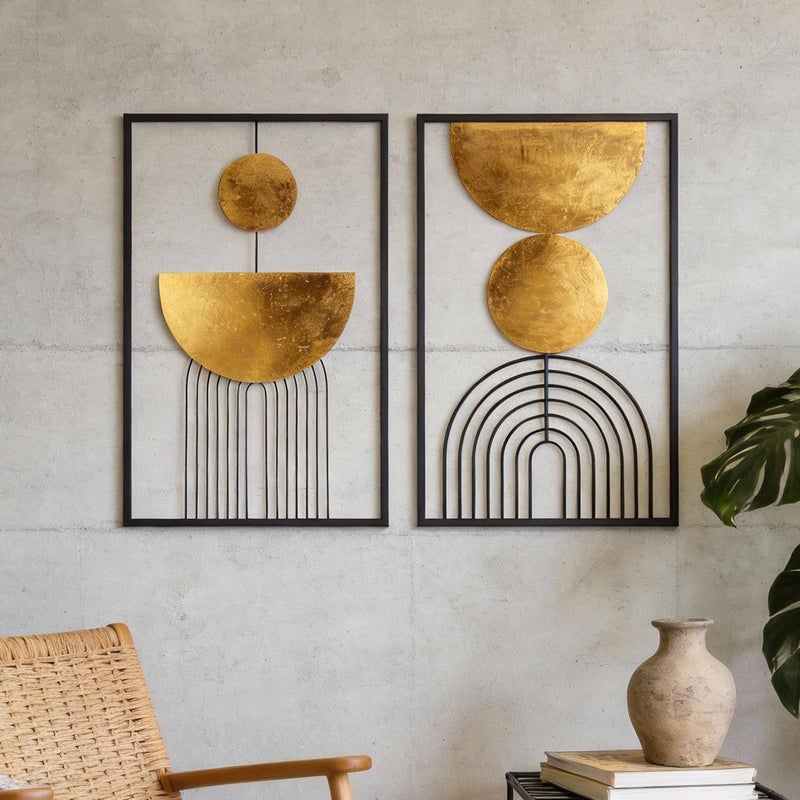 Oakrain Abstract Geometric Wall Decor Set, Gold and Black Metal Wall Art with Circular and Linear Designs, 2 Piece Framed Modern Wall Sculpture - Image 1