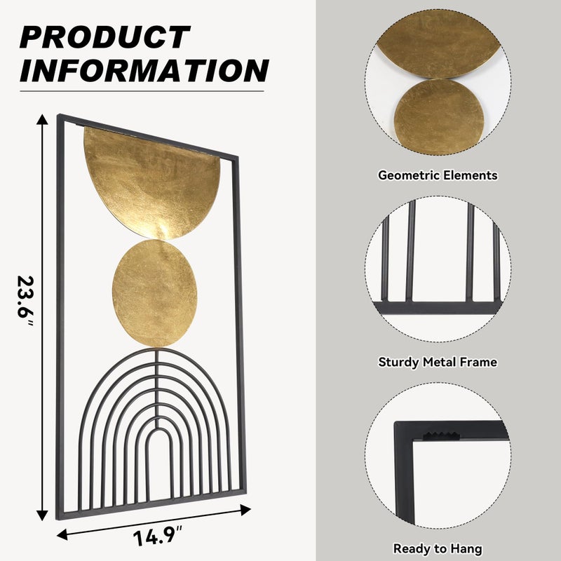 Oakrain Abstract Geometric Wall Decor Set, Gold and Black Metal Wall Art with Circular and Linear Designs, 2 Piece Framed Modern Wall Sculpture - Image 2