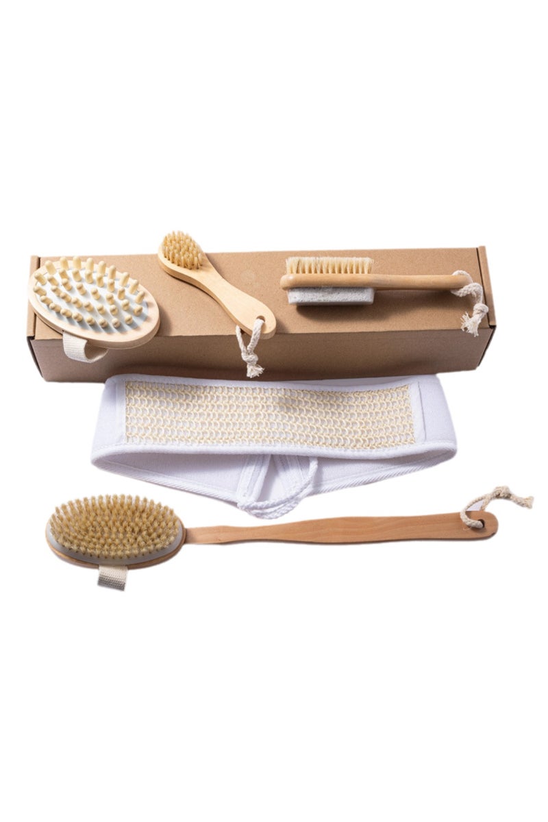 AceLuste 5-Piece Body Brush and Massage Handle Set, Shower Brush Kit for Relax and Deep Clean, Beige - Image 1