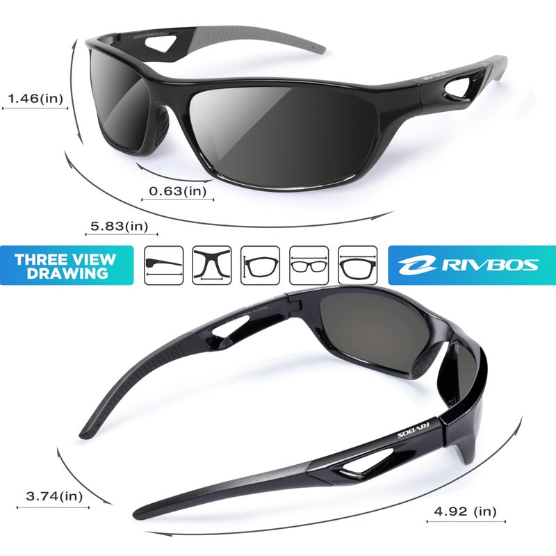 RIVBOS Polarized Sports Sunglasses Driving Sun Glasses Shades for Men Women Tr90 Frame for Cycling Baseball Running Rb831 Black&Grey, Large - Image 3