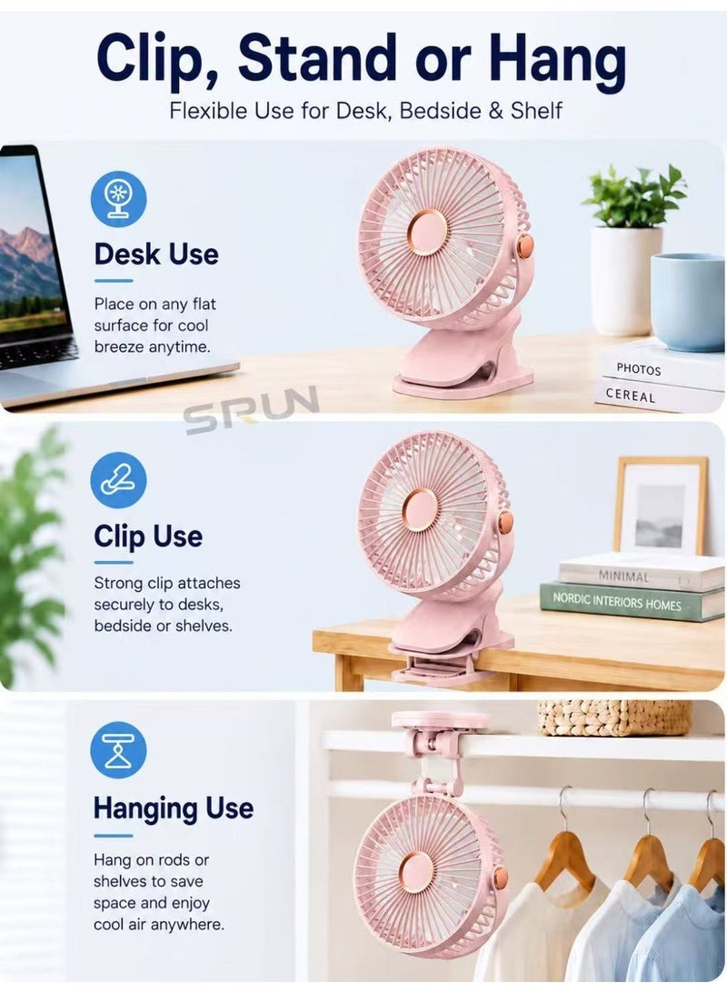 مروحة  محمولة قابلة للشحن بمشبك 6 بوصات مع 5 سرعات وضوء ليلي دافئ، مروحة مكتب USB محمولة - Image 5