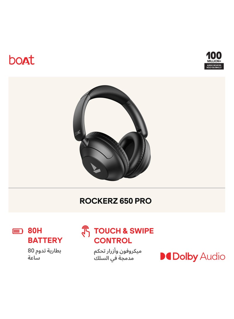 بوات سماعات بلوتوث Rockerz 650 Pro مع تحكم باللمس والسحب، صوت دولبي، 80 ساعة تشغيل، محركات 40 مم، توافق بلوتوث و AUX، ميكروفونين بتقنية AI-ENx™، شحن ASAP™ ودعم تطبيق Hearables - Image 1