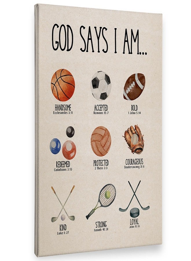 PHAMTE Christian Sports Nursery Wall Art Decor Canvas 11x14, God Says I Am Religious Pictures Decorations, Bible Verse Framed Prints Artwork for Kids Boy Nursery Room Bedroom Playroom Decor - Image 1