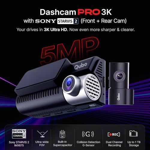 Qubo Car Dashcam Pro 3K [2026 Edition] Sony STARVIS 2 IMX675 Sensor| Dual Channel | Hero Group | NightPulse Vision | 5MP UHD Front Wide, 2MP FHD Rear | 3.2" LCD| Built-in GPS, Wi-Fi, Mic|1TB Storage - Image 2