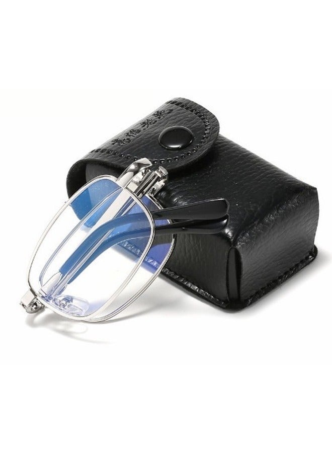 Folding Reading Glasses with Leather Glasses bag Compact Foldable Full Frame Readers for Men and Women,Ideal for Reading Books Using Computers and Phones Travel Office Work Outdoor Errands and Daily Close Up Tasks,Silver - Image 2