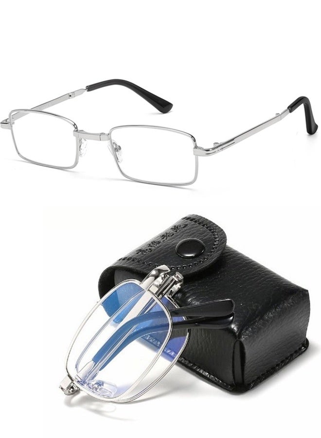 Folding Reading Glasses with Leather Glasses bag Compact Foldable Full Frame Readers for Men and Women,Ideal for Reading Books Using Computers and Phones Travel Office Work Outdoor Errands and Daily Close Up Tasks,Silver - Image 1