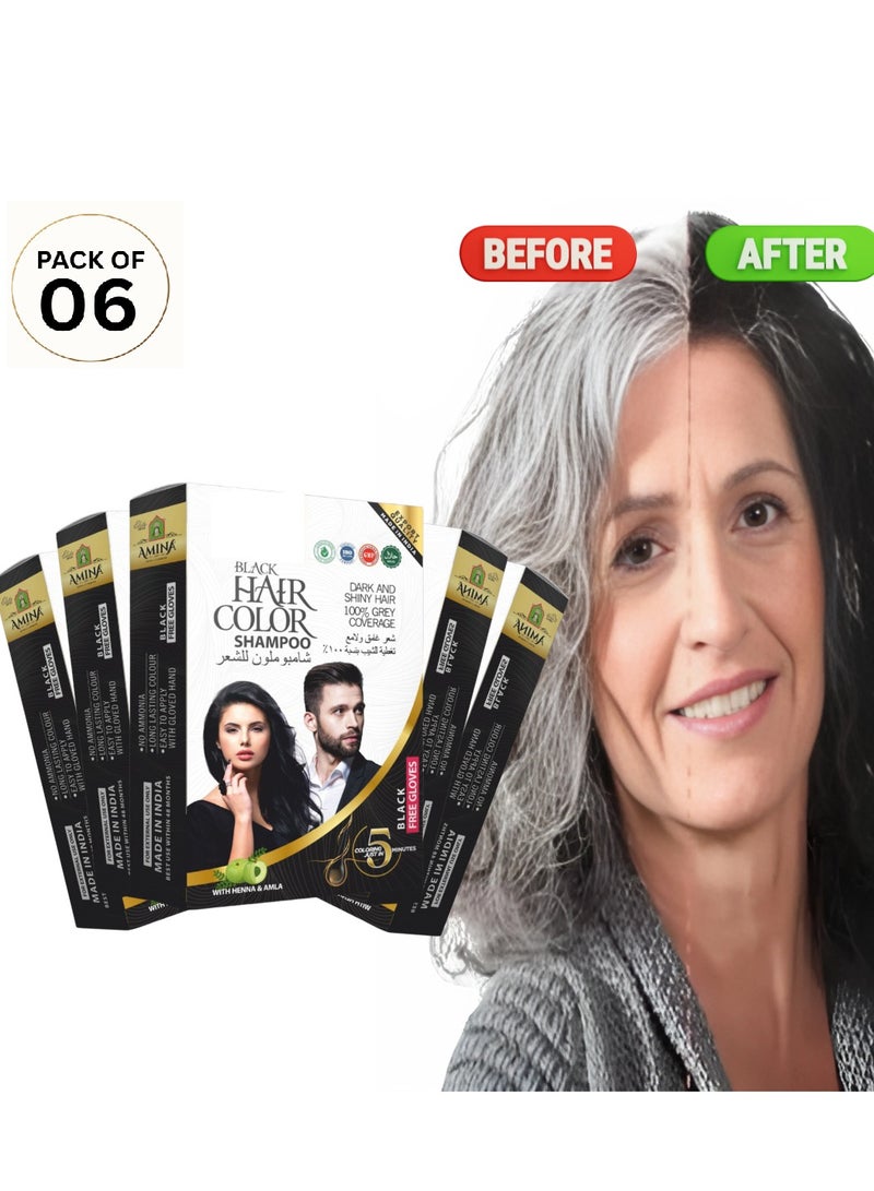 Amina 1 Minute Express Vip Permanent Black Herbal Hair Colour Shampoo With Heena & Amla for Men and Women 120ml (20ml Pack of 6) Quickest Colours For Your Hair With Gloves Free - Image 1