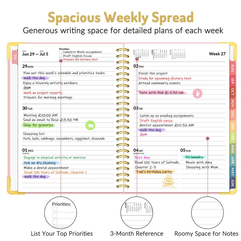 Forvencer Academic Planner 2026-2027, Hardcover Calendar Planner Weekly & Monthly, July 2026 - June 2027, 6" x 8", Daily Agenda with Tabs, College School Organizer for Student Teacher, Pink - Image 3