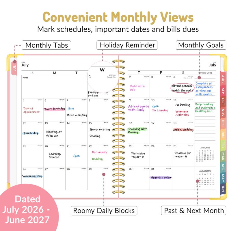 Forvencer Academic Planner 2026-2027, Hardcover Calendar Planner Weekly & Monthly, July 2026 - June 2027, 6" x 8", Daily Agenda with Tabs, College School Organizer for Student Teacher, Pink - Image 2