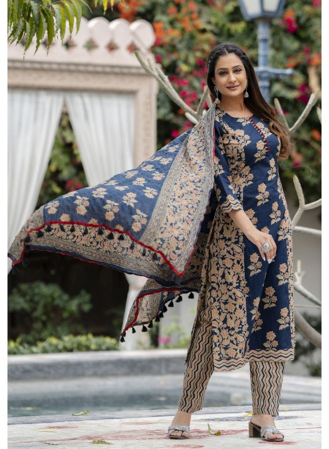 Rangeelo طقم كورتا مزخرف بالأزهار باللون الأزرق للنساء - Image 4