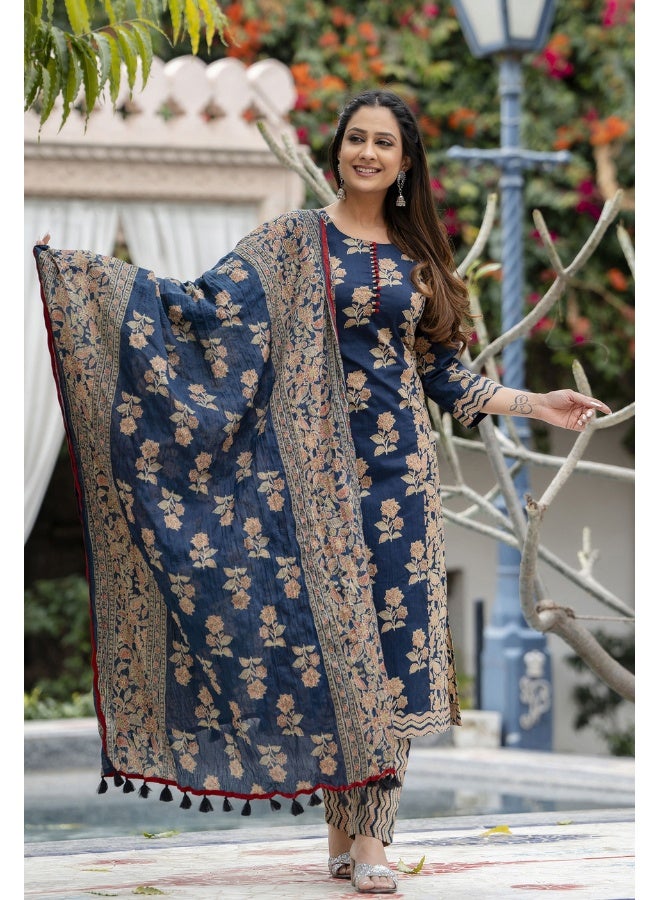 Rangeelo طقم كورتا مزخرف بالأزهار باللون الأزرق للنساء - Image 2