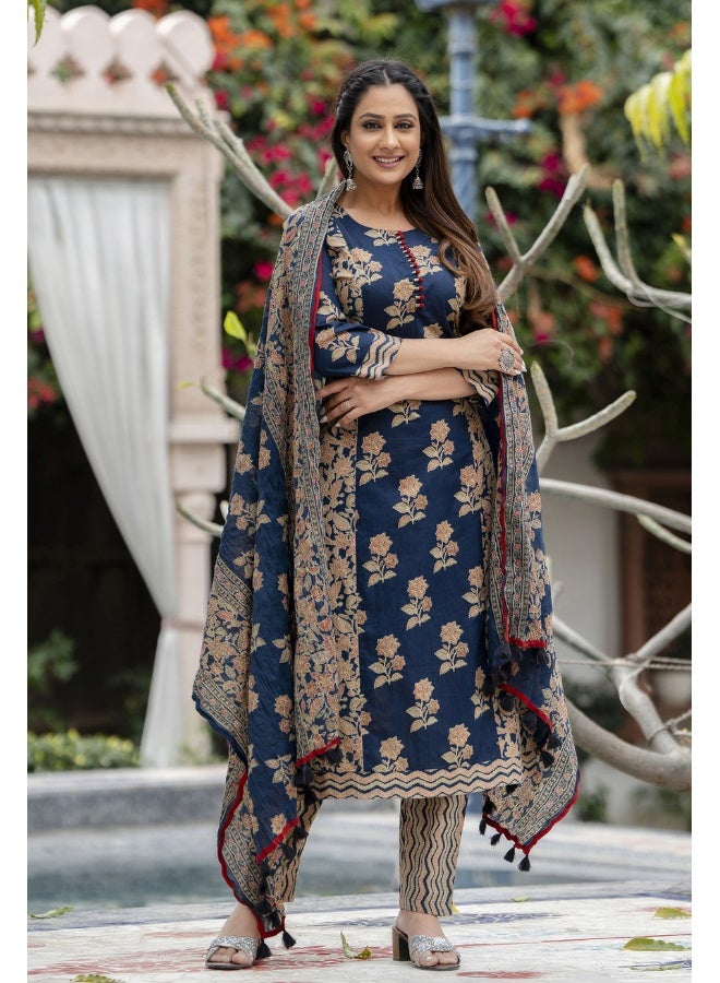 Rangeelo طقم كورتا مزخرف بالأزهار باللون الأزرق للنساء - Image 1