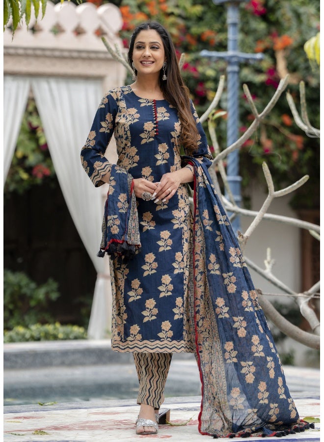 Rangeelo طقم كورتا مزخرف بالأزهار باللون الأزرق للنساء - Image 3