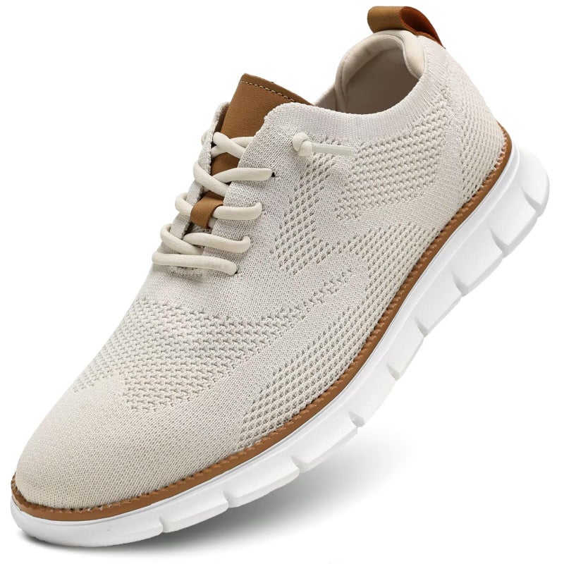 Kvovzo Men's Casual Dress Shoes Fashion Walking Sneakers Mesh Business Oxfords Work Lightweight Soft Sole Beige - Image 1