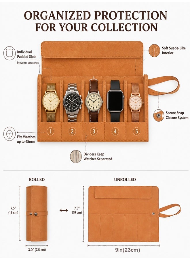 GD PU Leather Watch Pouch Watch Storage Bag Watch Case with 5-Slot - Portable Travel Handmade Canvas Watch Case Watch Organizer Watch Carrying Case for Home Storage Daily Commute Business Trips and Weekend Getaways - Image 2