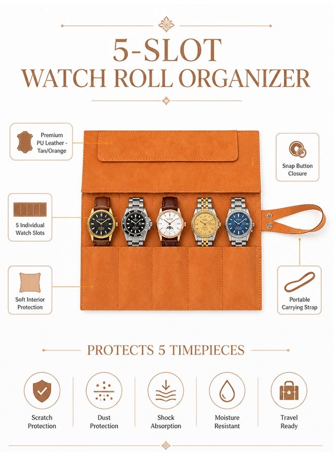 GD PU Leather Watch Pouch Watch Storage Bag Watch Case with 5-Slot - Portable Travel Handmade Canvas Watch Case Watch Organizer Watch Carrying Case for Home Storage Daily Commute Business Trips and Weekend Getaways - Image 4