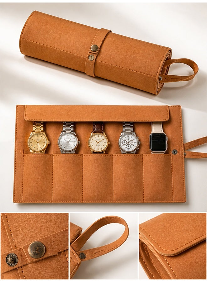 GD PU Leather Watch Pouch Watch Storage Bag Watch Case with 5-Slot - Portable Travel Handmade Canvas Watch Case Watch Organizer Watch Carrying Case for Home Storage Daily Commute Business Trips and Weekend Getaways - Image 3