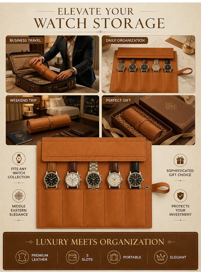 GD PU Leather Watch Pouch Watch Storage Bag Watch Case with 5-Slot - Portable Travel Handmade Canvas Watch Case Watch Organizer Watch Carrying Case for Home Storage Daily Commute Business Trips and Weekend Getaways - Image 5