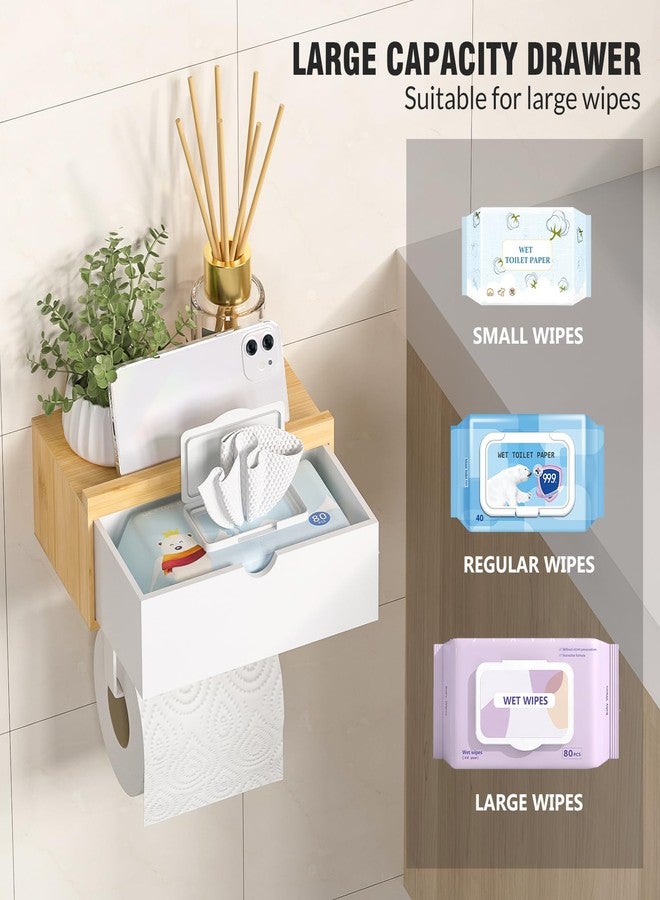 Domax Toilet Paper Holder with Shelf - Wall Mount/Adhesive Bathroom Toilet Paper Holder,Bamboo Wood Tissue Toilet Roll Holder with Storage Drawer for Organizer Wipes,Fits Any Room Bamboo+White, Medium - Image 2