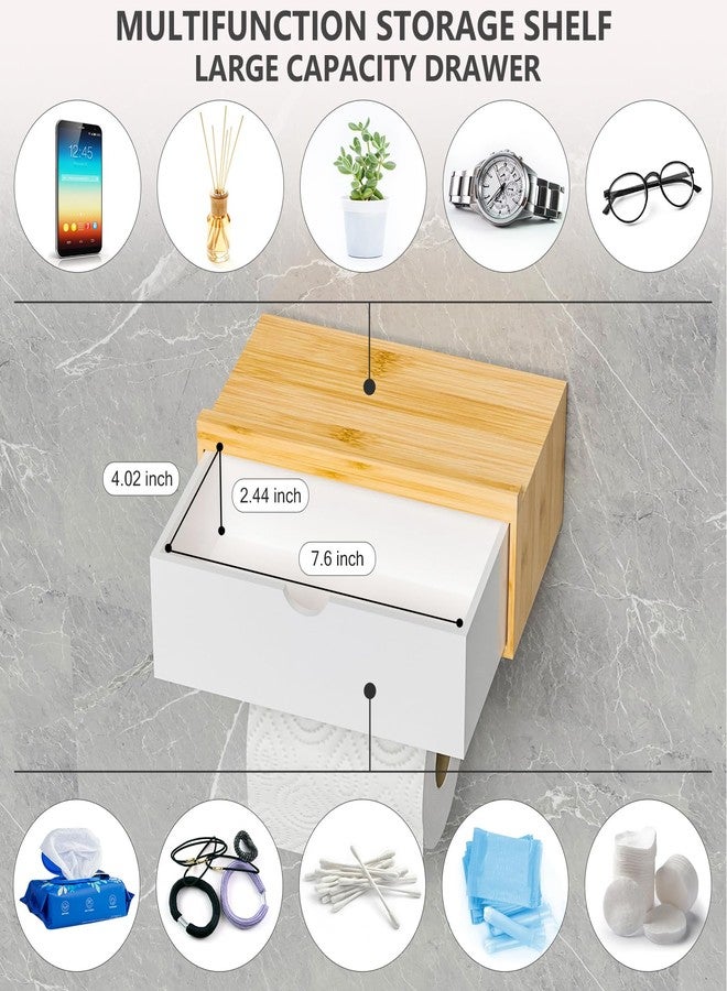 Domax Toilet Paper Holder with Shelf - Wall Mount/Adhesive Bathroom Toilet Paper Holder,Bamboo Wood Tissue Toilet Roll Holder with Storage Drawer for Organizer Wipes,Fits Any Room Bamboo+White, Medium - Image 4
