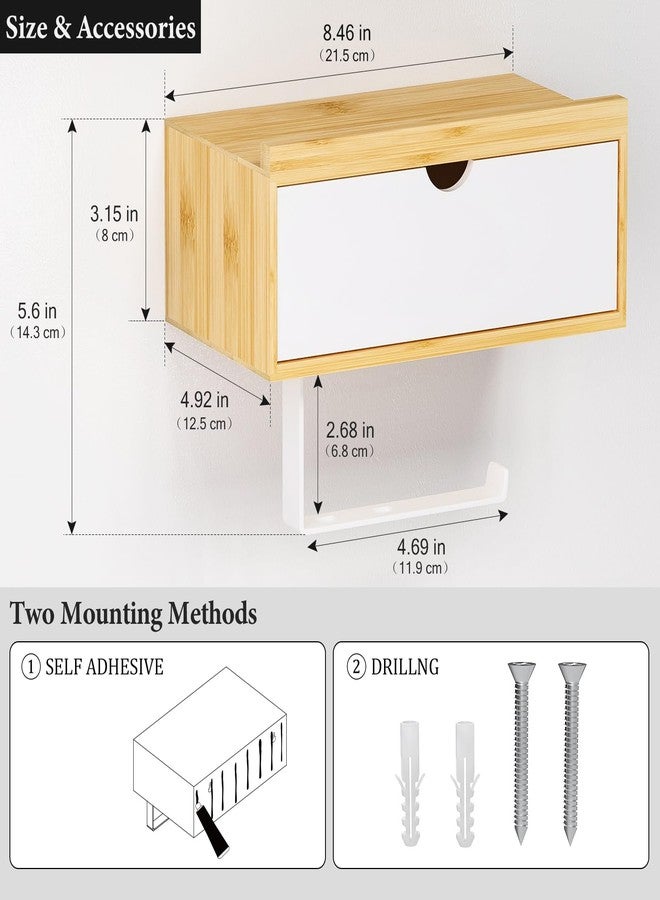 Domax Toilet Paper Holder with Shelf - Wall Mount/Adhesive Bathroom Toilet Paper Holder,Bamboo Wood Tissue Toilet Roll Holder with Storage Drawer for Organizer Wipes,Fits Any Room Bamboo+White, Medium - Image 5