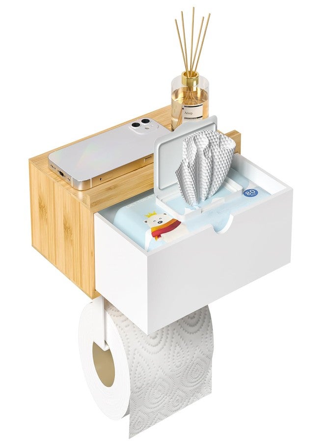 Domax Toilet Paper Holder with Shelf - Wall Mount/Adhesive Bathroom Toilet Paper Holder,Bamboo Wood Tissue Toilet Roll Holder with Storage Drawer for Organizer Wipes,Fits Any Room Bamboo+White, Medium - Image 1