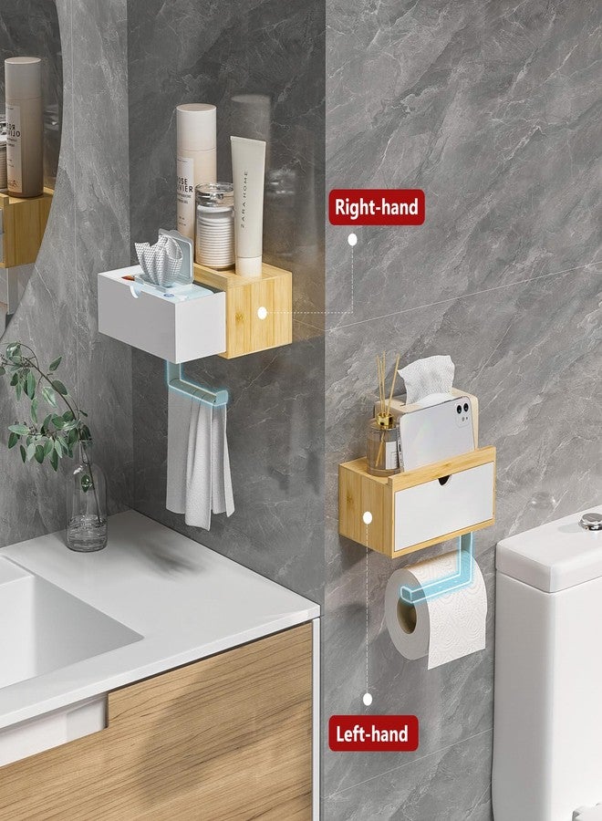 Domax Toilet Paper Holder with Shelf - Wall Mount/Adhesive Bathroom Toilet Paper Holder,Bamboo Wood Tissue Toilet Roll Holder with Storage Drawer for Organizer Wipes,Fits Any Room Bamboo+White, Medium - Image 3