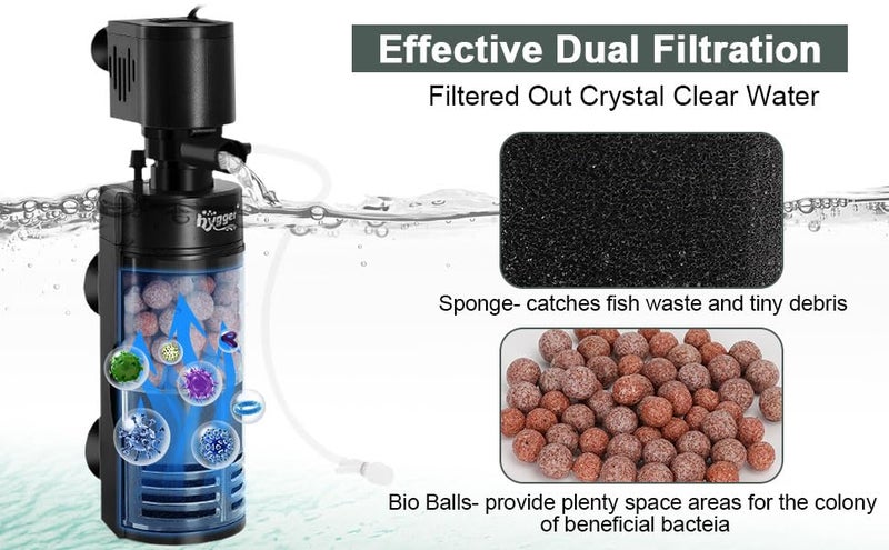 hygger Quiet Fish Tank Filter with Bio Balls Sponge Air Hose, Aquarium in-Tank Filter for 10-40 Gallon 7W 100 GPH - Image 2