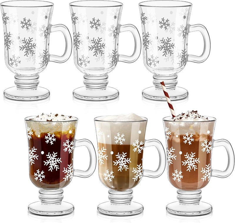 Sliner Set of 6 Christmas Snowflake Glass Coffee Mugs with Handle, 8 oz Clear Irish Footed Coffee Glasses Mugs Winter Holiday for Beverages Latte Hot Chocolate (Snowflake) - Image 1