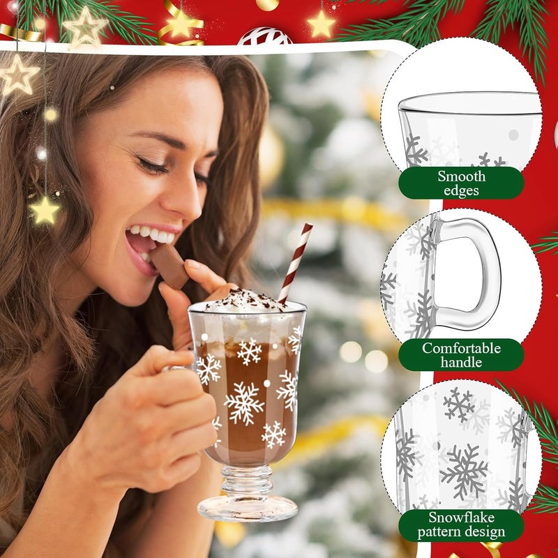 Sliner Set of 6 Christmas Snowflake Glass Coffee Mugs with Handle, 8 oz Clear Irish Footed Coffee Glasses Mugs Winter Holiday for Beverages Latte Hot Chocolate (Snowflake) - Image 3