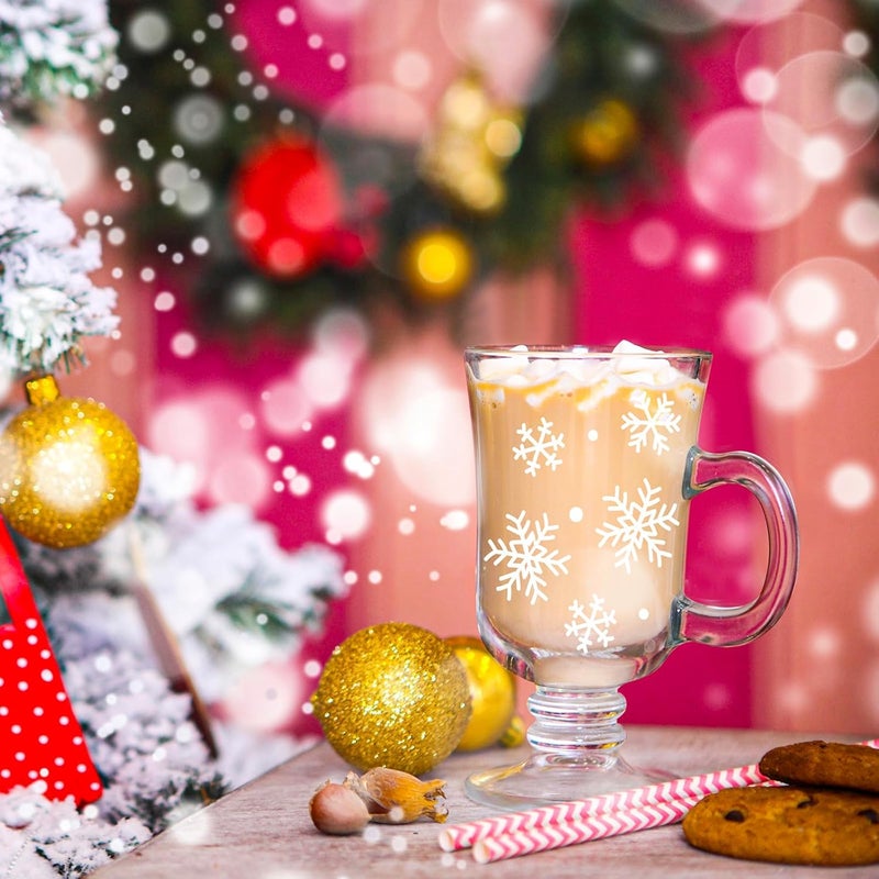 Sliner Set of 6 Christmas Snowflake Glass Coffee Mugs with Handle, 8 oz Clear Irish Footed Coffee Glasses Mugs Winter Holiday for Beverages Latte Hot Chocolate (Snowflake) - Image 2