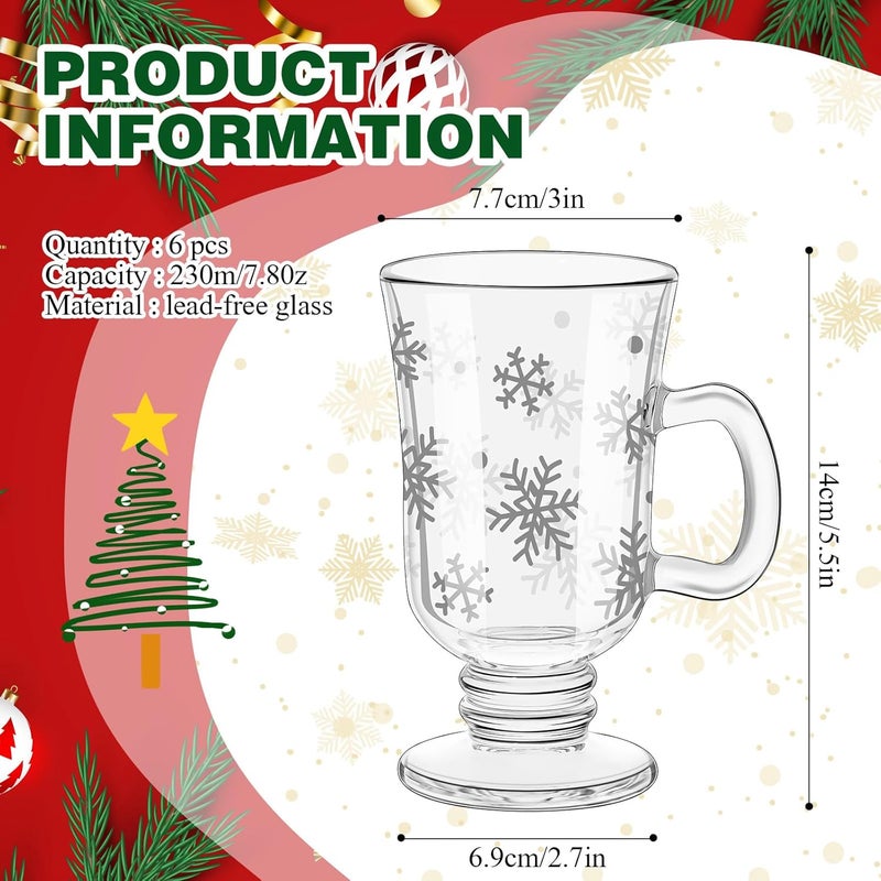 Sliner Set of 6 Christmas Snowflake Glass Coffee Mugs with Handle, 8 oz Clear Irish Footed Coffee Glasses Mugs Winter Holiday for Beverages Latte Hot Chocolate (Snowflake) - Image 4