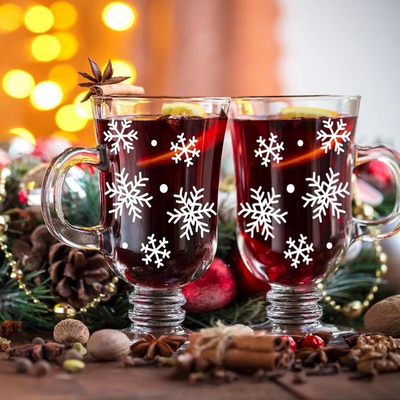 Sliner Set of 6 Christmas Snowflake Glass Coffee Mugs with Handle, 8 oz Clear Irish Footed Coffee Glasses Mugs Winter Holiday for Beverages Latte Hot Chocolate (Snowflake) - Image 5