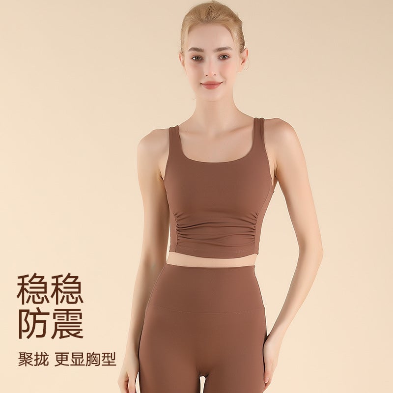 New Widened Shoulder Straps Push-Up Sports Bra For Women With Beautiful Back Running Yoga Clothes Side Waist Pleated Fitness Yoga Vest - Image 2
