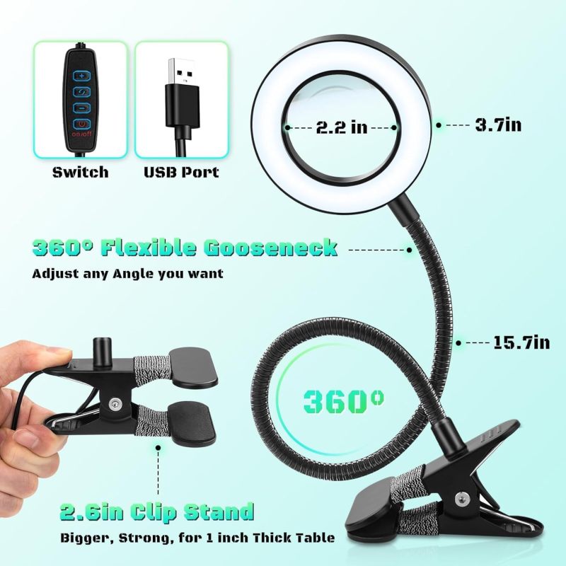 Clip-On Magnifying Glass With Light - 3 Dimming Levels High-Definition Magnification Hands-Free Magnifier for Desktop Reading DIY Repair Craft Precision Work - Image 5