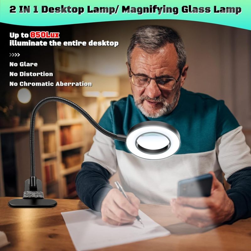 Clip-On Magnifying Glass With Light - 3 Dimming Levels High-Definition Magnification Hands-Free Magnifier for Desktop Reading DIY Repair Craft Precision Work - Image 4
