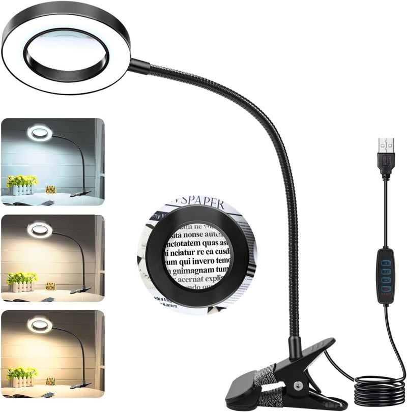 Clip-On Magnifying Glass With Light - 3 Dimming Levels High-Definition Magnification Hands-Free Magnifier for Desktop Reading DIY Repair Craft Precision Work - Image 1