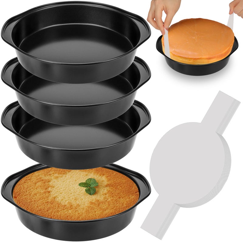 AWTBDP 8 Inch Cake Pan  Nonstick 4 Pack Round Cake Pans With 100Pcs Pre-Cut Parchment Paper For Birthday Christmas  Durable Circle Cake Pan Sets With Handle For Baking Multi-Layer Cakes  Dishwasher Safe - Image 1