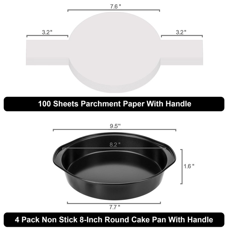 AWTBDP 8 Inch Cake Pan  Nonstick 4 Pack Round Cake Pans With 100Pcs Pre-Cut Parchment Paper For Birthday Christmas  Durable Circle Cake Pan Sets With Handle For Baking Multi-Layer Cakes  Dishwasher Safe - Image 2