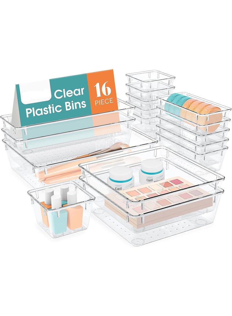 HOMESTAR 16 PCS Clear Plastic Drawer Organizer Tray for Makeup, Kitchen Utensils, Jewelries and Gadgets - Image 1