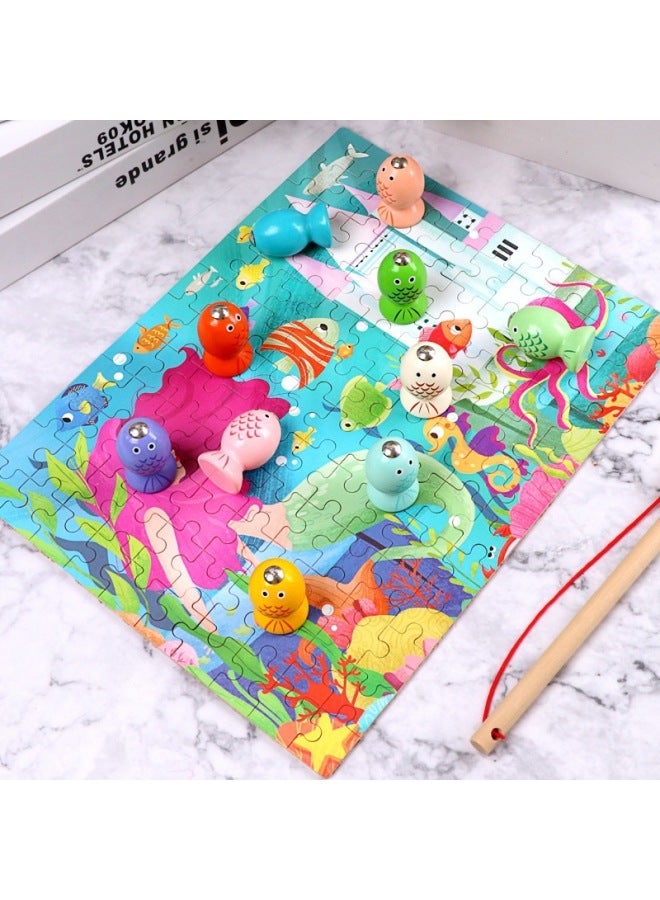 Beauenty Two-in-one Jigsaw Puzzle Magnetic Three-dimensional Fishing Children's Intelligence Assembled Board Game Baby Enlightenment Early Education Wooden Toys-Color:Two-in-one Puzzle Fishing-BTE  - Image 1